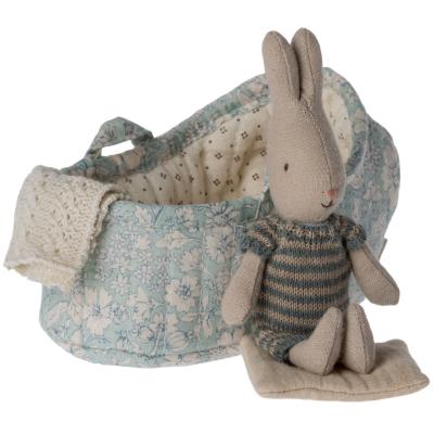 Lapin Rabbit Maileg et couffin micro - fleurs bleues / marine